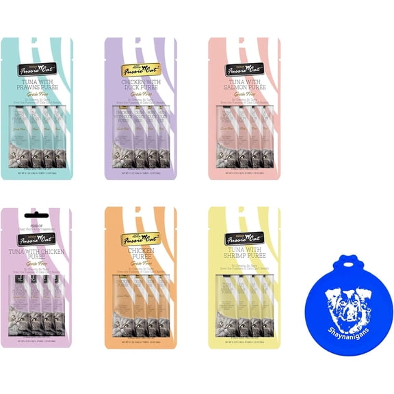 Fussie Cat Puree Grain Free Treat in 6 Flavors: Tuna/Prawns, Chicken/Duck, Chicken, Tuna/Salmon, Tuna/Ocean Fish, and Tuna/Shrimp (6 Four-Tube Packs, 24 Tubes Total, 0.5 Ounce/Tube) Plus Silicone Lid