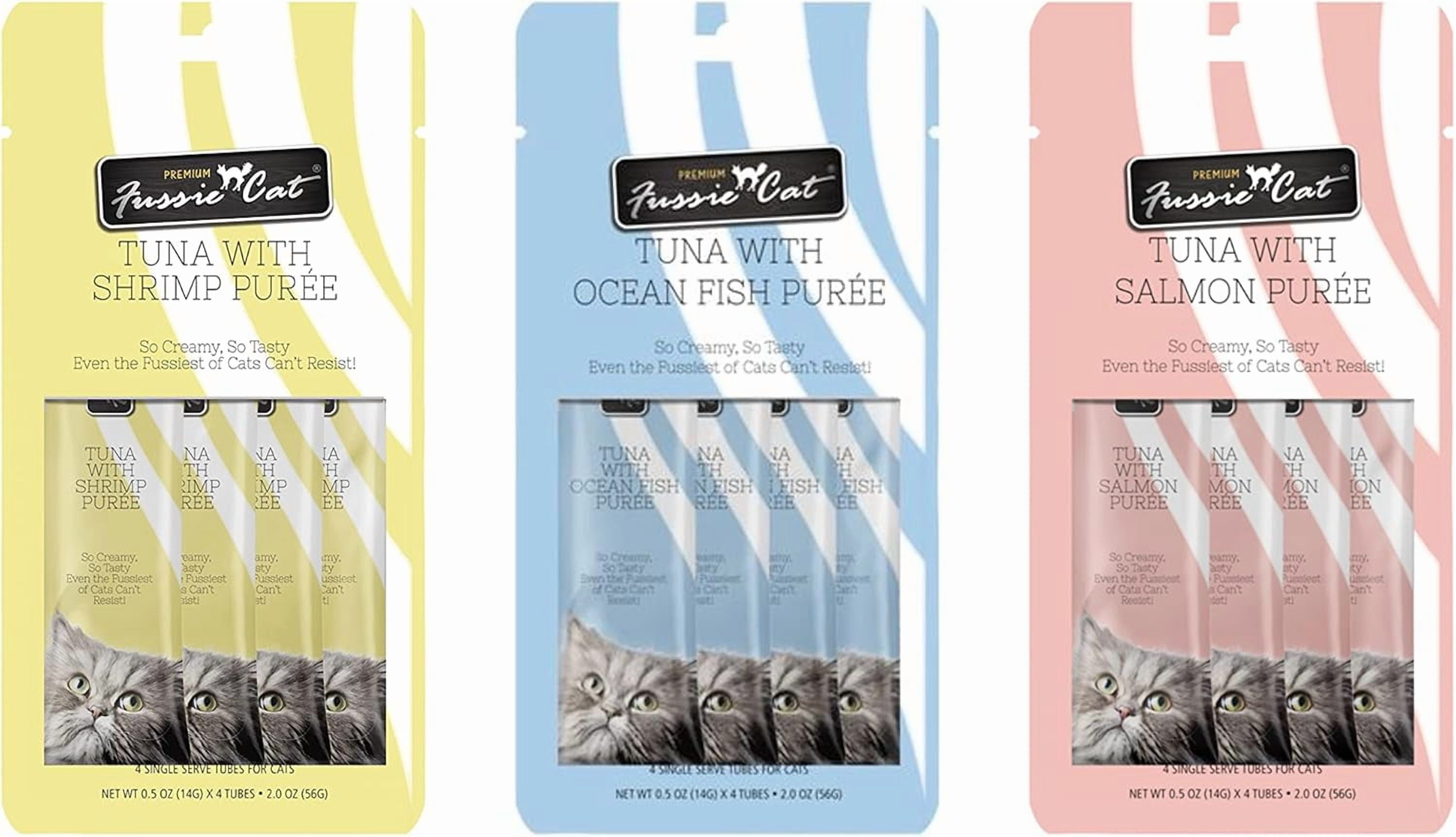 Fussie Cat Puree Lickable Cat Treats: 1 Tuna with Salmon, 1 Tuna with Ocean Fish & 1 Tuna with Shrimp (3 Four-Tube Packs, 12 Tubes Total, 0.5 Oz per Tube)