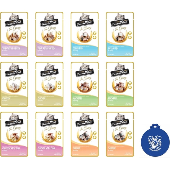 Fussie Cat Wet Food in Gravy 6-Flavor Bundle: 2 Ocean Fish, 2 Tuna W/ Chicken, 2 Mackerel, 2 Sardine, 2 Chicken & 2 Chicken W/ Tuna (12 Pouches Total, 2.47 Oz Each) + Silicone Lid