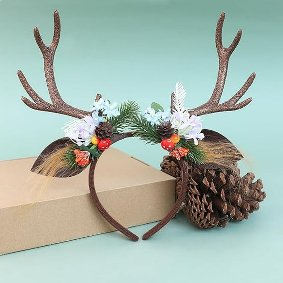 Fuswd Antler Headband Reindeer Horns Crown with Deer Ears Fairy Flower Woodland Headpiece for Women Girls Christmas Cosplay Prom Photo Shoot