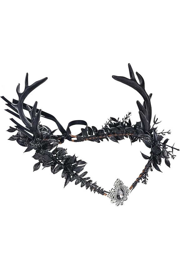 Black Flower Antler Crown - Dark Reindeer Headpiece Gothic Elf Circlet Deer Horns Headband for Women Cosplay Renaissance Goth Wedding Renfaire Accessory
