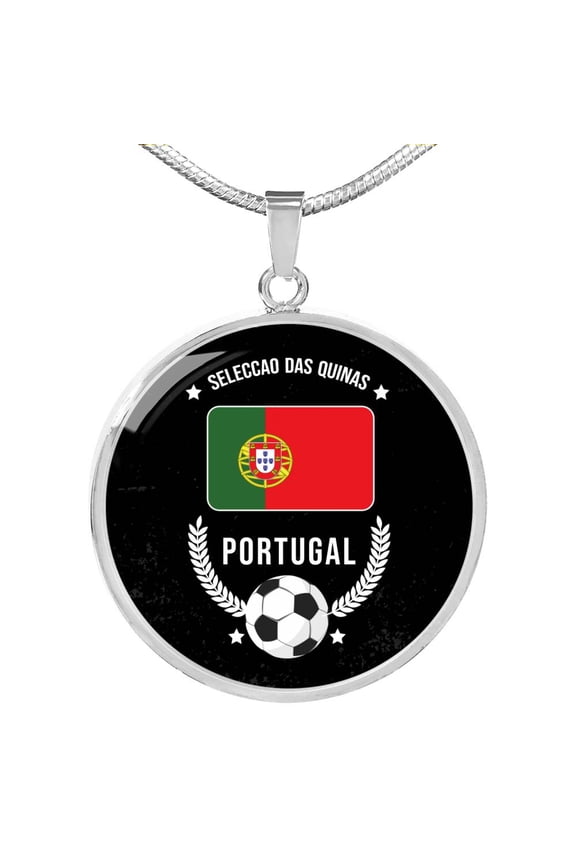 Futbol Sports Portugal Flag Circle Necklace Stainless Steel 24 Inch Chain Silver Tone or Gold Tone