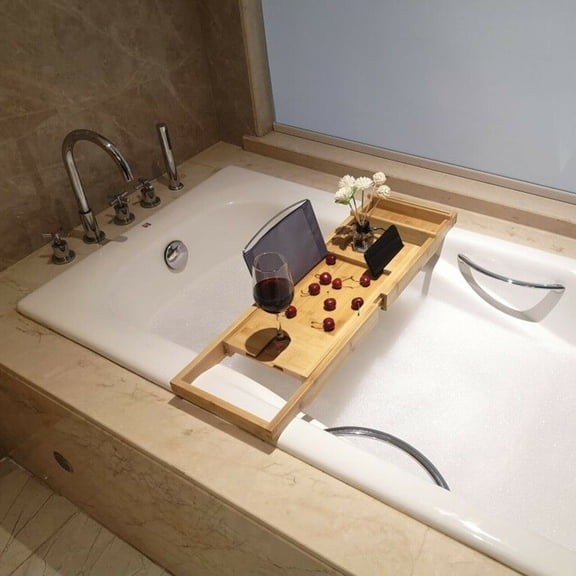 Futchoy Bamboo Bathtub Tray Caddy Non Slip Strechable Expendable Bath Tray for Tub with Book Wine Pad Tablet Holder Bathroom Reading Organizer Tray Soap Organizer Rack Shelf