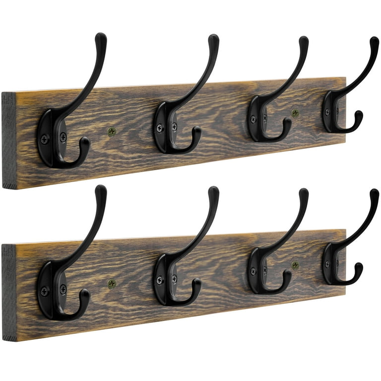 Futeen 2 Pack Wall Mounted Wooden Coat Rack with 4 Black Zinc alloy Hooks 