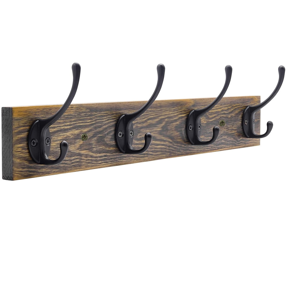 Rustic Wood Wall Mounted Coat Rack with Black Zinc Hooks