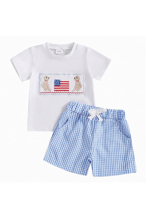 4th Fourth of July Toddler Baby Boy Outfit T-Shirt and Plaid Shorts Smocked Outfits Two Piece Cute Summer Clothes