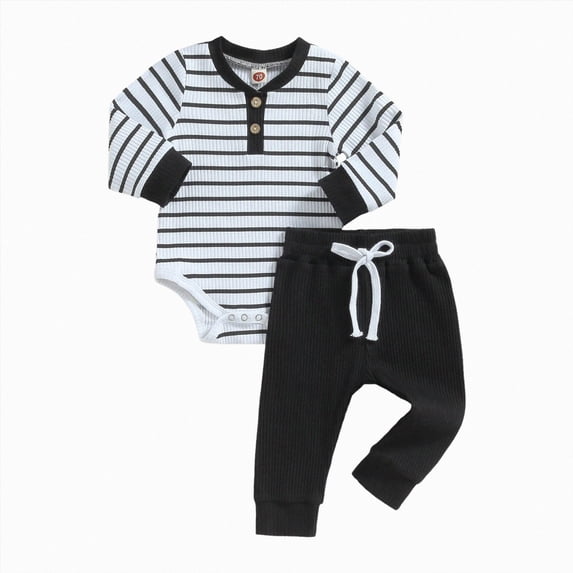 Futezty Baby Boy Clothes Ribbed Knit Fall Winter Romper and Pants Outfits Long sleeve Snap Button Closure Striped Set 0-24 Months