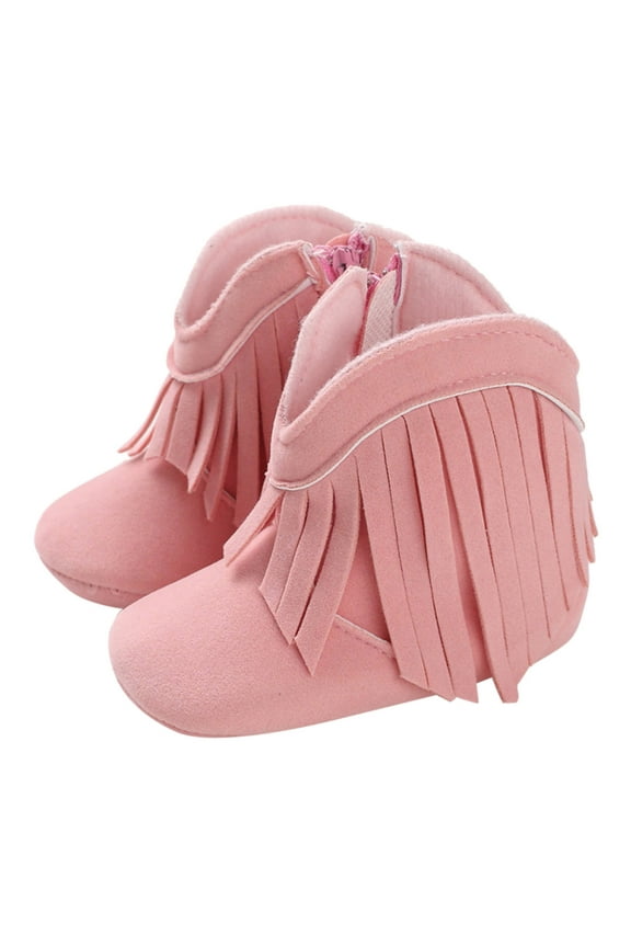 Baby Girls Cowboy Tassel Boots Side Zipper Moccasins Soft Bottom Non Slip Toddler Shoe(Pink,4 )
