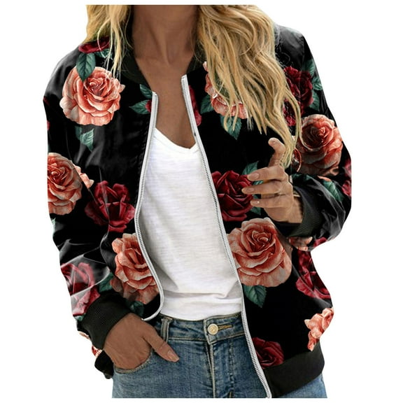 Futezty Bomber Jacket Women Causal Floral Zip Up Coats Long Sleeve Stand Collar Fall Jackets Lightweight Outerwear Tops