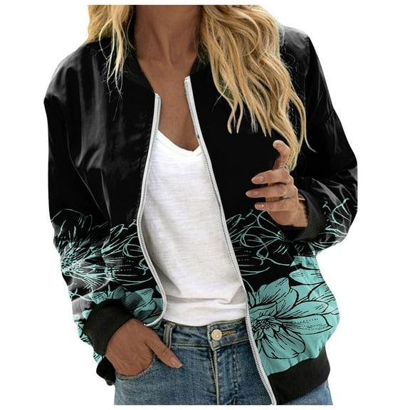 Futezty Bomber Jacket Women Causal Floral Zip Up Coats Long Sleeve Stand Collar Fall Jackets Lightweight Outerwear Tops