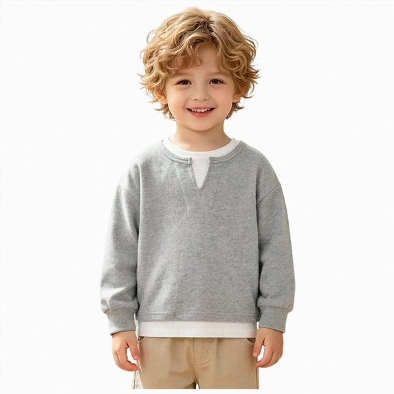 Futezty Boys Long Sleeve Shirt Cotton Faux Layered Tops Casual Tees Fashion V Crewneck Fall Plain Comfort Clothes Little Boy Shirts 1T-6T