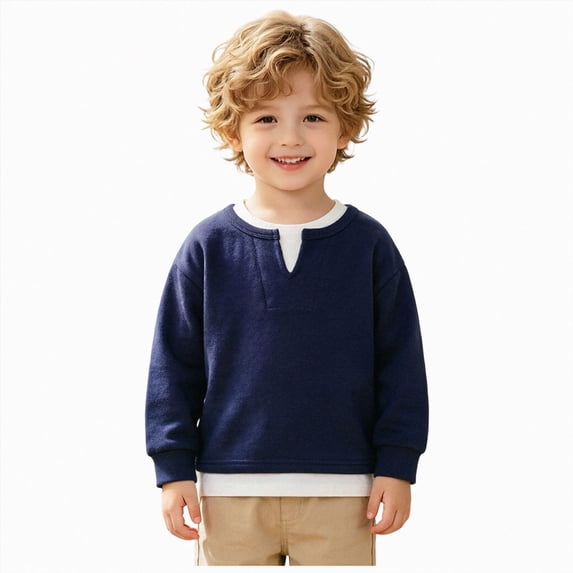 Futezty Boys Long Sleeve Shirt Cotton Faux Layered Tops Casual Tees Fashion V Crewneck Fall Plain Comfort Clothes Little Boy Shirts 1T-6T