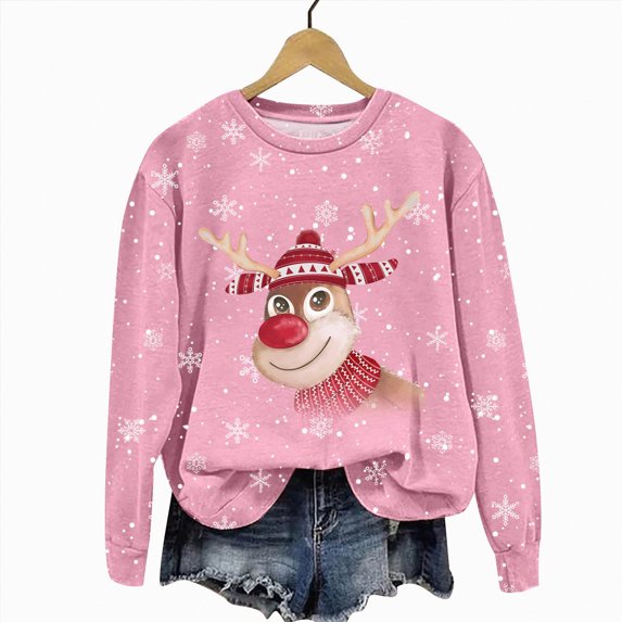 Futezty Christmas Hoodless Sweatshirt Deer Print Crewneck Fit Pullover Tops Long Sleeve Fashion Loose Blouse Casual