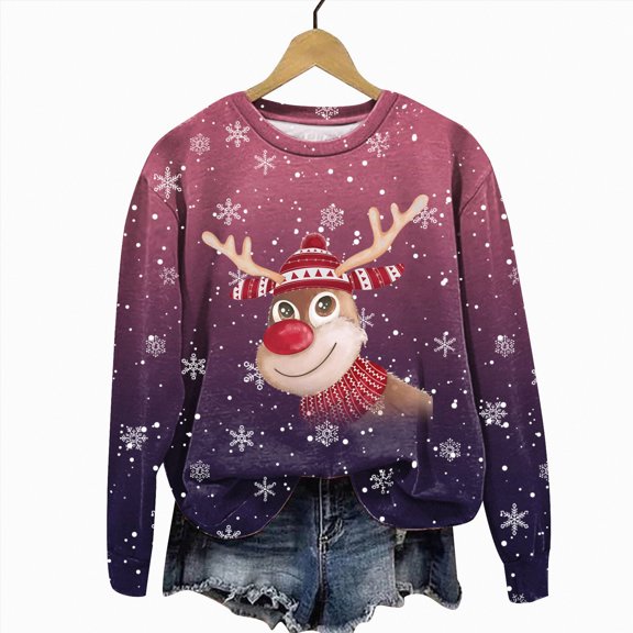 Futezty Christmas Hoodless Sweatshirt Deer Print Crewneck Fit Pullover Tops Long Sleeve Fashion Loose Blouse Casual