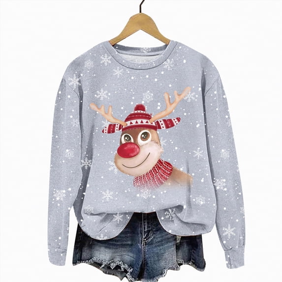 Futezty Christmas Hoodless Sweatshirt Deer Print Crewneck Fit Pullover Tops Long Sleeve Fashion Loose Blouse Casual