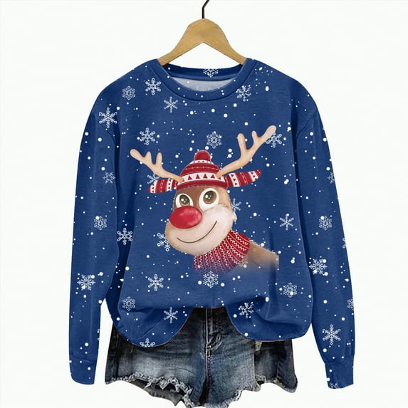 Futezty Christmas Hoodless Sweatshirt Deer Print Crewneck Fit Pullover Tops Long Sleeve Fashion Loose Blouse Casual