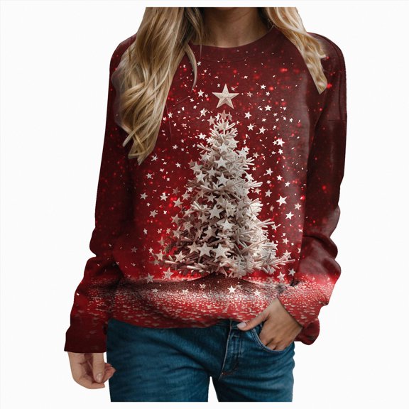 Futezty Christmas Shirts for Women Trendy Glitter Xmas Tree Graphic Crewneck Long Sleeve Blouses Loose Casual Funny Tops