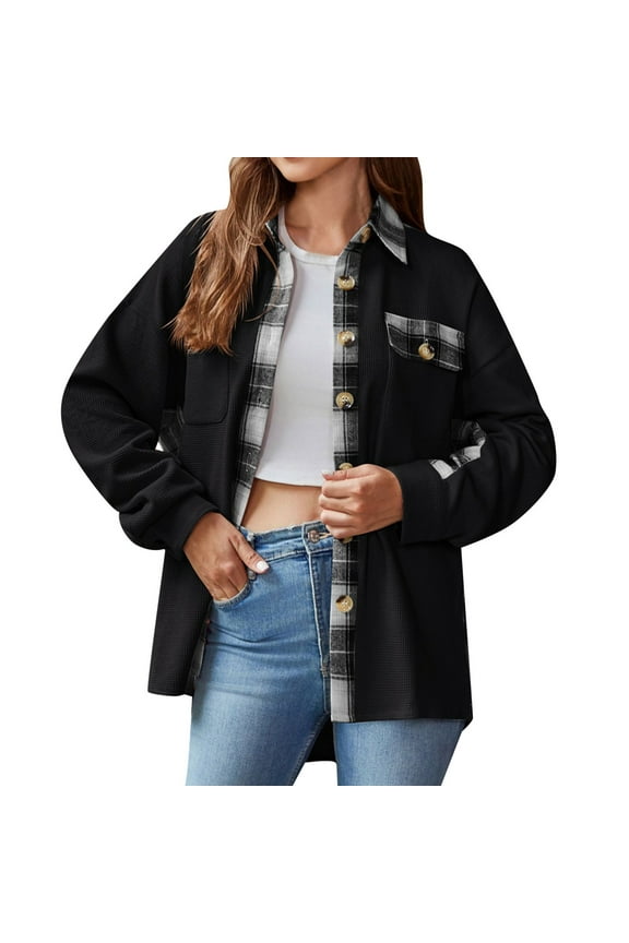 Flannels for Women Cropped Shacket Jacket Fashion Plaid Button Down Shirt Fall Coat Tops