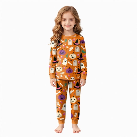 Futezty Girls Boys Halloween Pajamas Set Sleepwear Pumpkin Graphic Pjs Toddler Long Sleeve Jammies Kids Loungewear 2T-9T