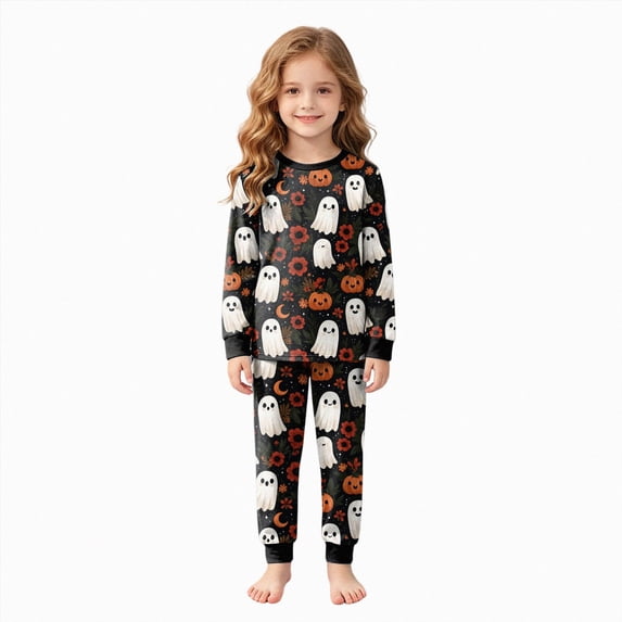Futezty Girls Boys Halloween Pajamas Set Sleepwear Pumpkin Graphic Pjs Toddler Long Sleeve Jammies Kids Loungewear 2T-9T