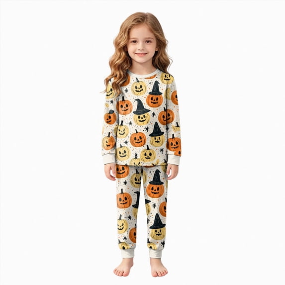 Futezty Girls Boys Halloween Pajamas Set Sleepwear Pumpkin Graphic Pjs Toddler Long Sleeve Jammies Kids Loungewear 2T-9T