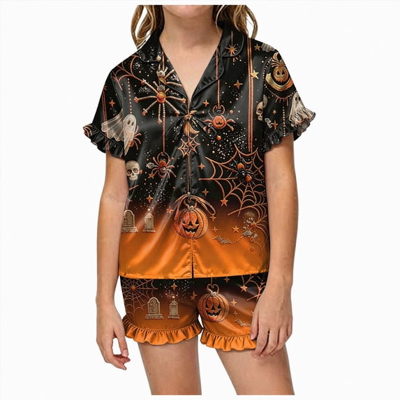 Futezty Girls Halloween Pajama Set Short Sleeve Button Down Silky Satin Girl PJS Kids Sleepwear Fall Winter Nightwear Loungewear Sets 1T-14T