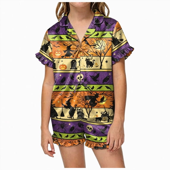 Futezty Girls Halloween Pajama Set Short Sleeve Button Down Silky Satin Girl PJS Kids Sleepwear Fall Winter Nightwear Loungewear Sets 1T-14T