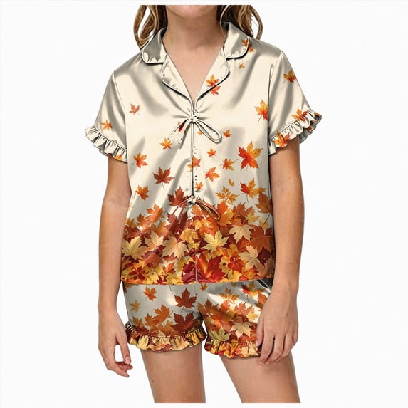 Futezty Girls Pajama Set Short Sleeve Button Down Silky Satin Girl PJS Kids Sleepwear Fall Winter Nightwear Loungewear Sets 1T-14T