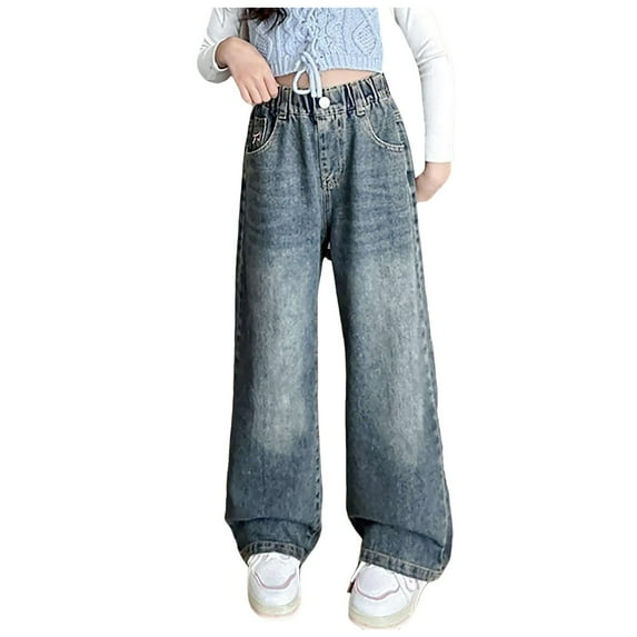 Futezty Girls Skinny Fit High Waist Fashion Kids Stretch Slim Jeans Pants Girls Baggy Jeans Ripped Cute Print Vintage Wide Leg Denim Pants Kids Girls High Waist Retro Toddler Girl Jeans