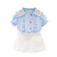 thumbnail image 1 of Futezty Girls Summer Outfits, 4th of July Baby Girl Outfits Baby Toddler Girls Floral Short Sleeve Tops T-Shirt Vest Denim Shorts Set Kids 1T 2T 3T 4T 5T 6T Clothes Summer Outfits, 1 of 4