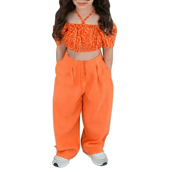Futezty Girls Summer Outfits, 4th of July Baby Girl Outfits Girls Solid Color Short Sleeve Top Imitation Denim Jumpsuit Long Pants Bowknot Printed Set