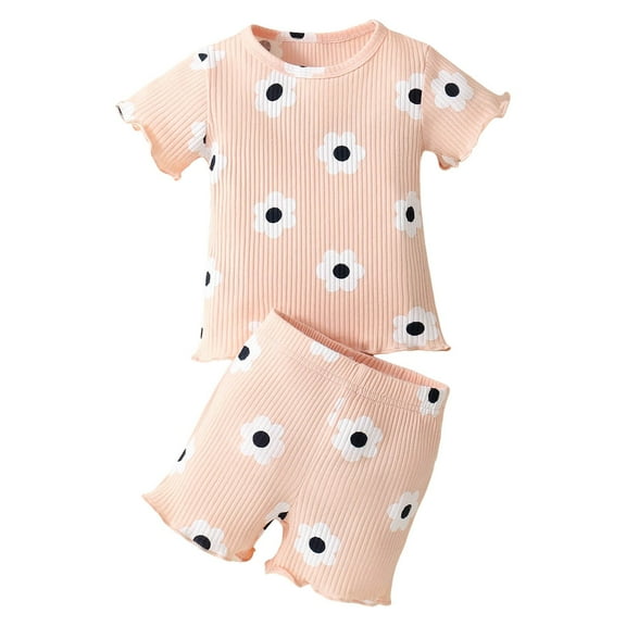 Futezty Girls Summer Outfits, 4th of July Baby Girl Outfits Toddler Baby Girl Summer Clothes Solid Color Outfit Short Sleeve Ruffled Tops And Stretch Pants 2 Piece Set