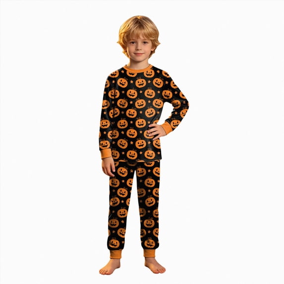 Futezty Halloween Kids Pajama for Girls Boys Cozy Pumpkin Themed Sleepwear O-Neck Long Sleeve T-Shirts Pants Homewear 2T-9T