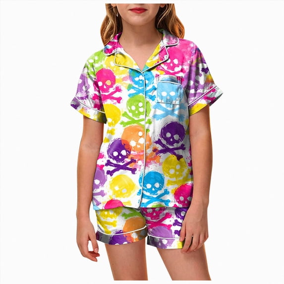 Futezty Halloween Pajamas Kids Girls Halloween Themed Nightwear Short Sleeve Top and Shorts Cozy Sleepwear Girls Pjs 2T-13T