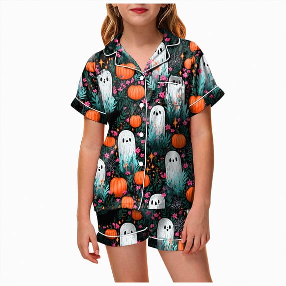 Futezty Halloween Pajamas Kids Girls Halloween Themed Nightwear Short Sleeve Top and Shorts Cozy Sleepwear Girls Pjs 2T-13T