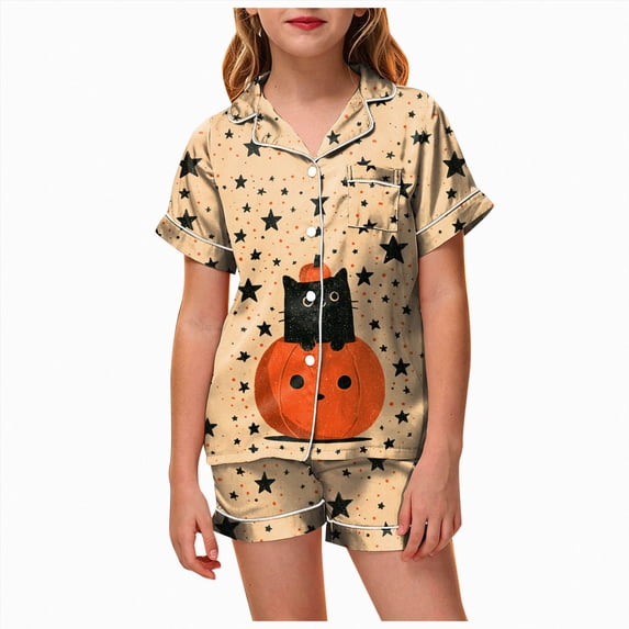 Futezty Halloween Pjs Girls 2 Piece Pumpkin Ghost Sleepwear Short Sleeve Jammies for Kids Button-Down Nightwear Pajamas for Girl 2T-13T