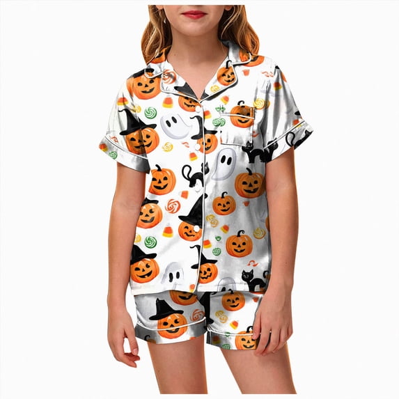 Futezty Halloween Pjs Girls 2 Piece Pumpkin Ghost Sleepwear Short Sleeve Jammies for Kids Button-Down Nightwear Pajamas for Girl 2T-13T