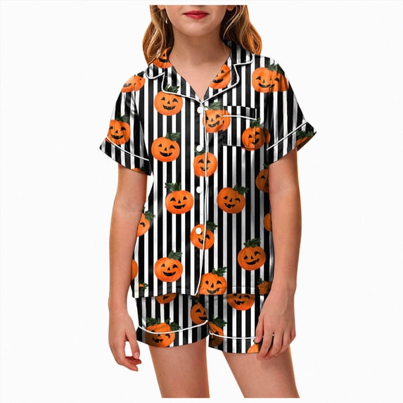 Futezty Halloween Pjs Girls 2 Piece Pumpkin Ghost Sleepwear Short Sleeve Jammies for Kids Button-Down Nightwear Pajamas for Girl 2T-13T