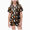 thumbnail image 1 of Futezty Halloween Pjs Set Ghost Pumpkin Print Girls Silk Pjs Short Sleeve Button Down Nightwear with Shorts Sets Teen Girl Pajamas 2T-13T, 1 of 4