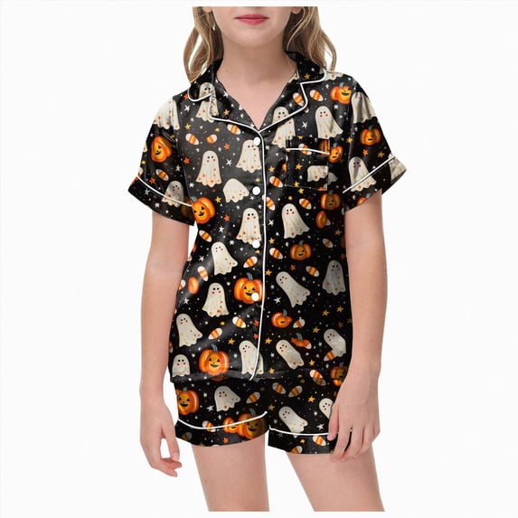 Futezty Halloween Pjs Set Ghost Pumpkin Print Girls Silk Pjs Short Sleeve Button Down Nightwear with Shorts Sets Teen Girl Pajamas 2T-13T