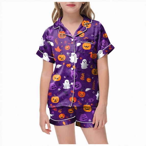 Futezty Halloween Pjs Set Ghost Pumpkin Print Girls Silk Pjs Short Sleeve Button Down Nightwear with Shorts Sets Teen Girl Pajamas 2T-13T
