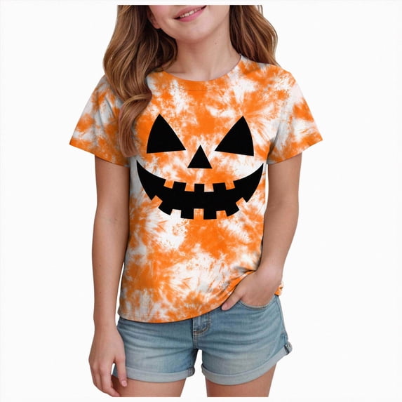 Futezty Halloween Shirt for Kids Short Sleeve T Shirt Boys Girls Pumpkin Face Graphic Tees 12M-13T