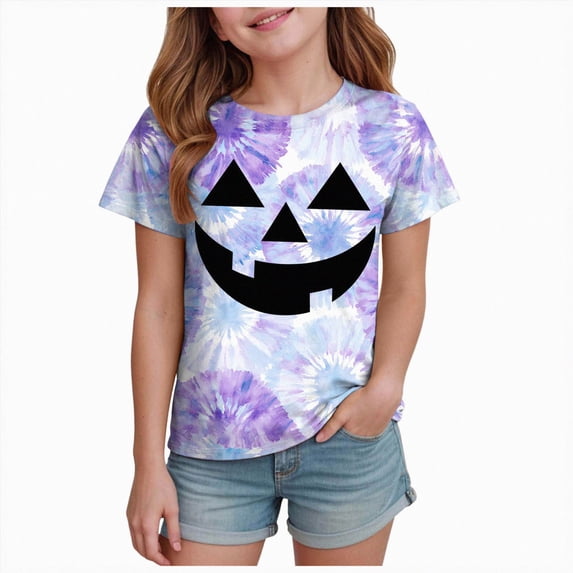 Futezty Halloween Shirt for Toddler Boy Girl Tie Dye Short Sleeve Tshirt Pumpkin Face Graphic Clothes Tee Tops Halloween Shirts for Kids 12M-13T