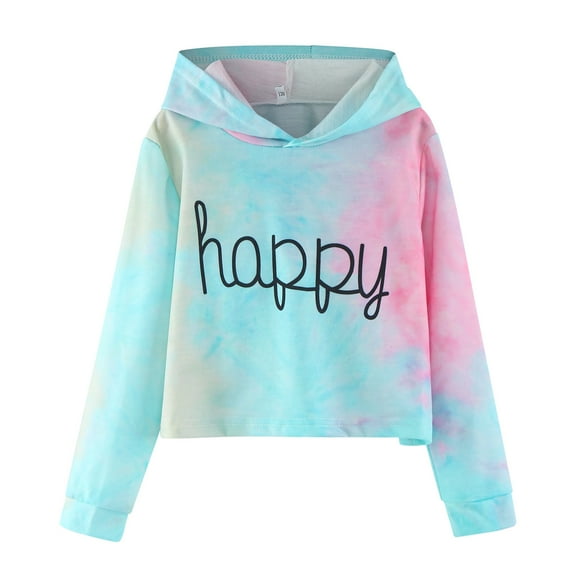 Futezty Hoodies for Girls Long Tops Sleeve Dyed Pullover Tie Teen Kids Sweatshirts Letter Clothes Short Girls,Blue,8-9 T