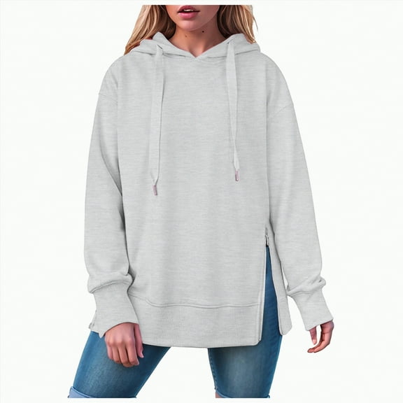 Futezty Hoodies for Women Fashion Split Hem Drawstring Casual Long Sleeve Sweatshirts Tops with Pockets