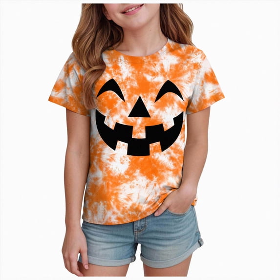 Futezty Kids Halloween Shirt Girls Boys Funny Spooky Tie Dye Shirts Pumpkin Face Short Sleeve Fall Tee Top 12M-13T