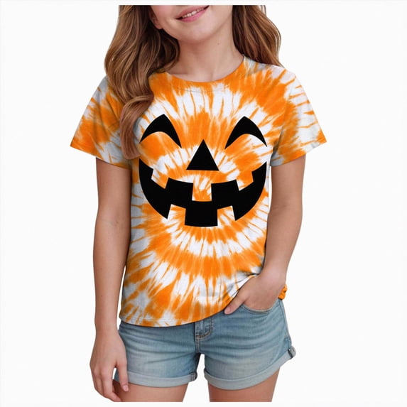 Futezty Kids Halloween Shirt Girls Boys Funny Spooky Tie Dye Shirts Pumpkin Face Short Sleeve Fall Tee Top 12M-13T