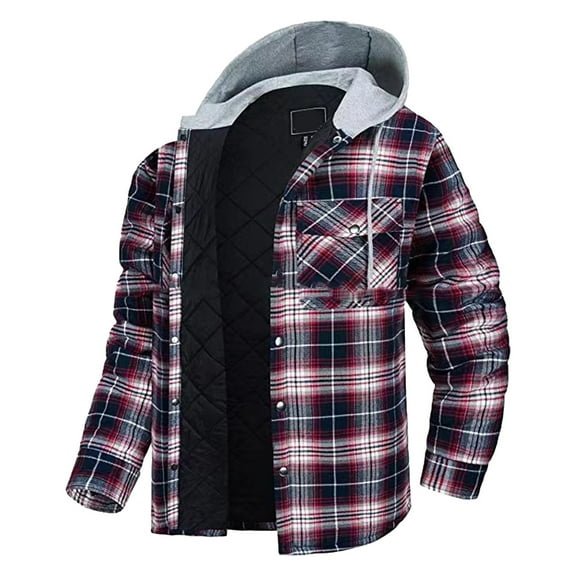 Futezty Men Cotton Plaid Shirts Jacket Fleece Lined Flannel Hoodie Casual Sherpa Outdoor Coat
