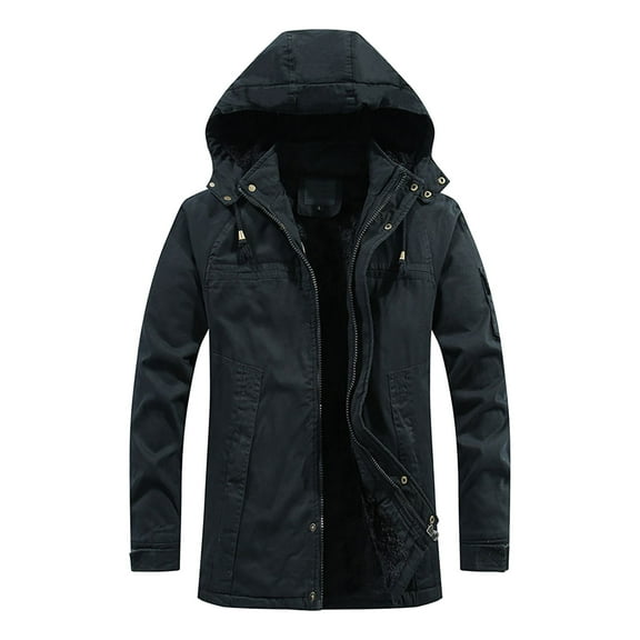 Futezty Men Full Zip Removable Hooded Cotton Mid Long Parka Jacket Coat Casual Utility Warm Fleece