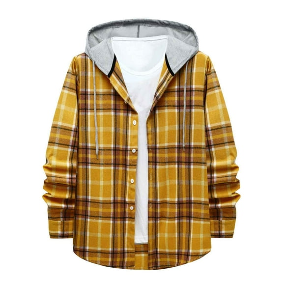 Futezty Men Hooded Shirt Jacket Flannel Quilted Lined Long Sleeve Plaid Button Down Winter Warm Coat